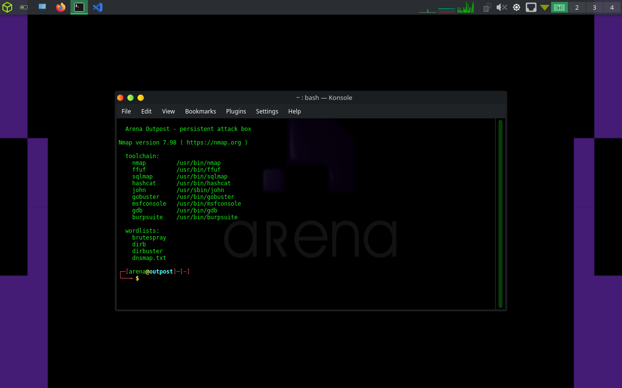 An Arena Outpost desktop: a terminal listing the installed toolchain - nmap, ffuf, sqlmap, hashcat, john, gobuster, msfconsole, gdb and burpsuite - on the Arena wallpaper.